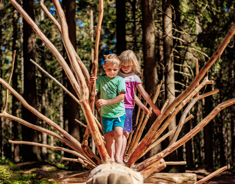 Kinder balancieren barfuß über ein Holz-Naturspielgerät im Wald.