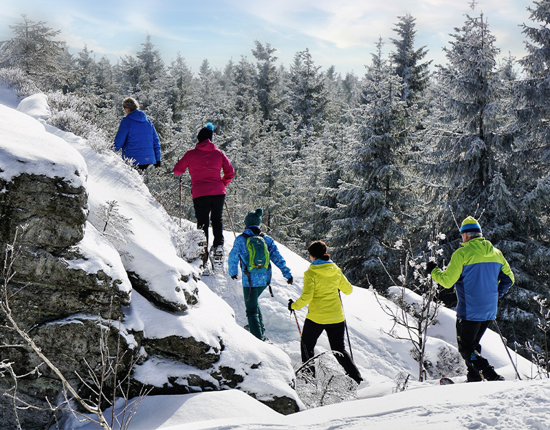 Gruppe bei Schneeschuhwanderung im verschneiten Wald bei Mehlmeisel
