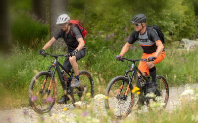 Zwei Mountainbiker fahren auf einem Naturweg durch die Landschaft bei Fichtelberg.