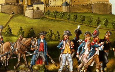 Historische Zinnfiguren mit napoleonischen Soldaten in Vitrine.