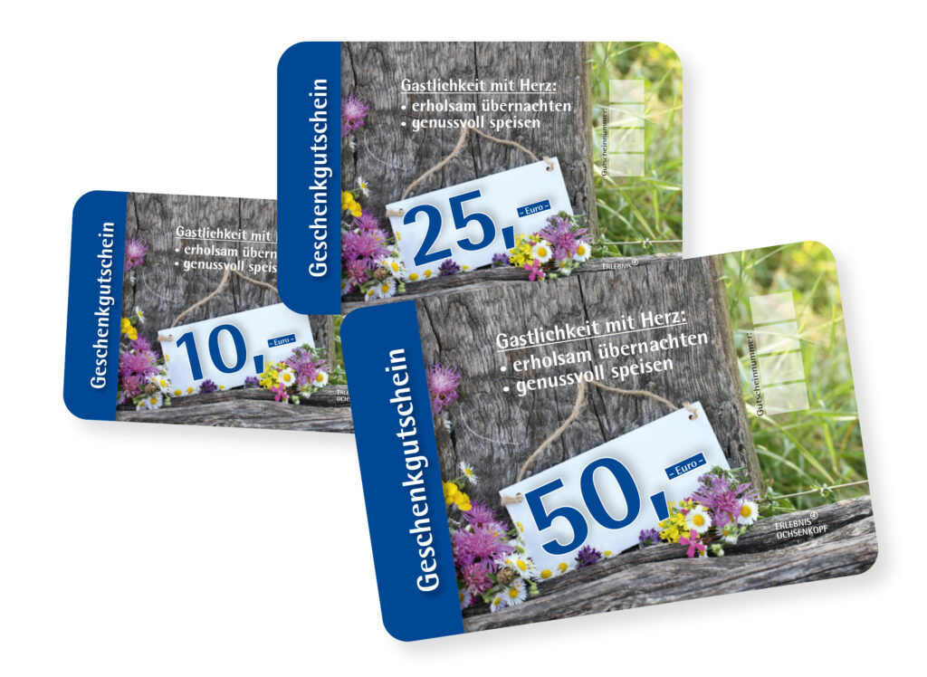 Geschenkgutscheinkarten Erlebnisregion Ochsenkopf im Wert von 10, 25 und 50 Euro