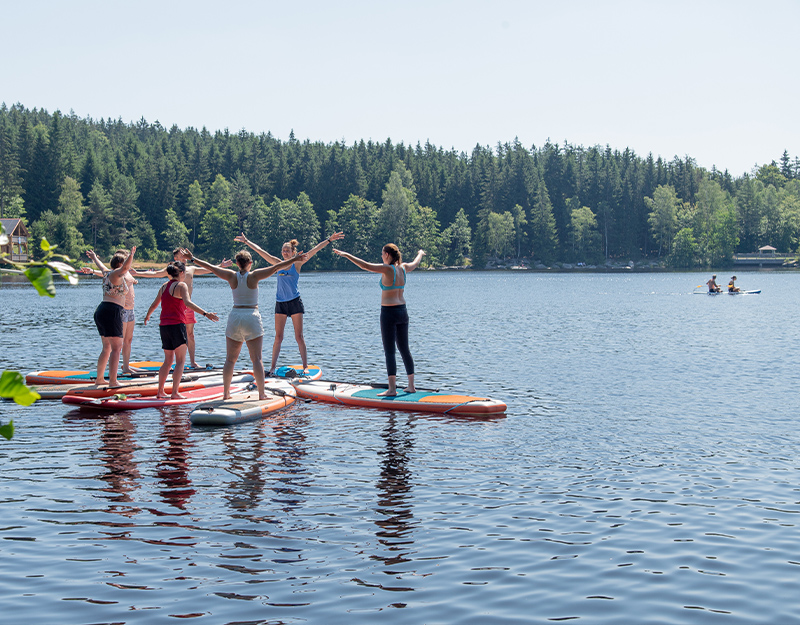 Mehrere Personen stehen auf Stand-up-Paddle-Boards auf dem Fichtelsee und balancieren gemeinsam auf dem ruhigen Wasser.