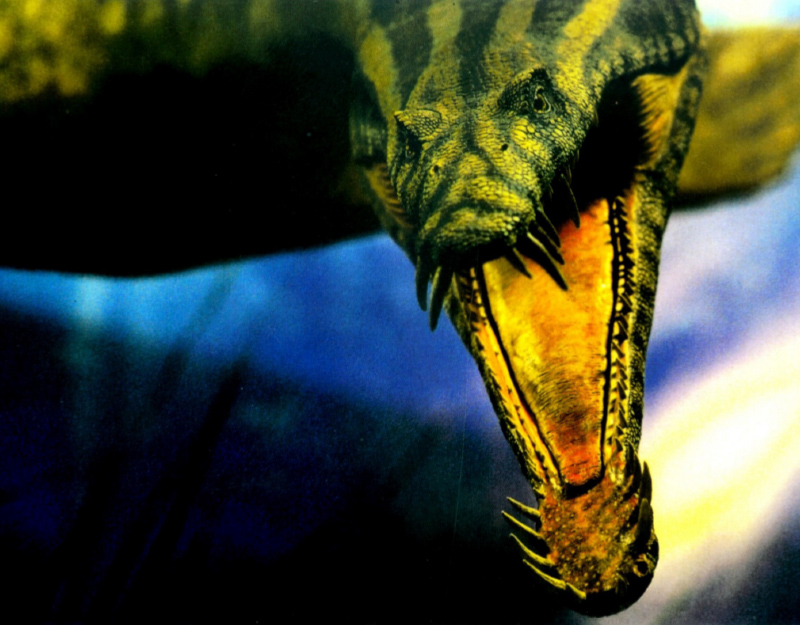 Großaufnahme eines Dinosauriermodells mit geöffnetem Maul im Urwelt-Museum Bayreuth.