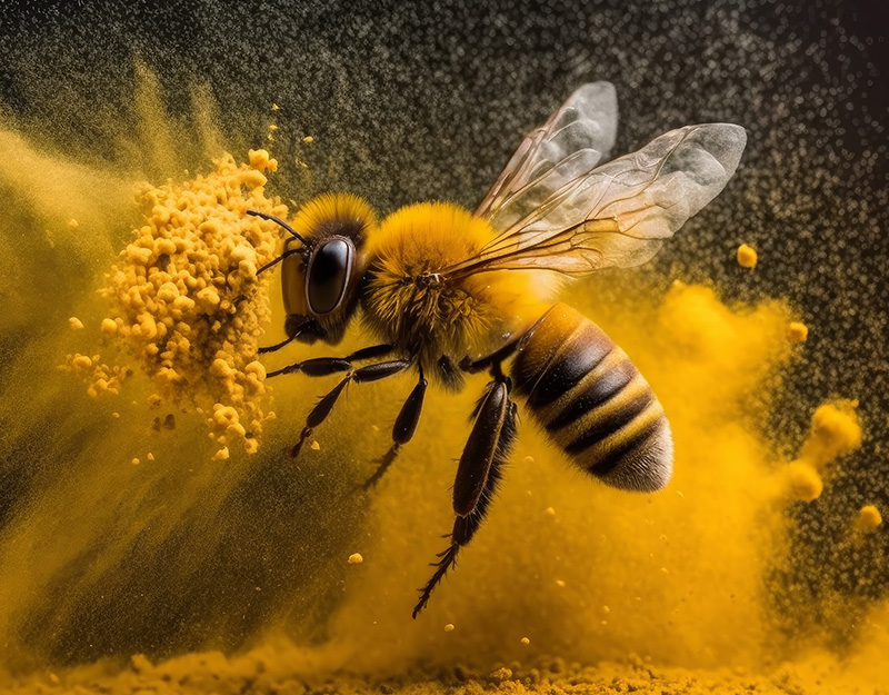 Honigbiene sammelt Blütenpollen im Detail