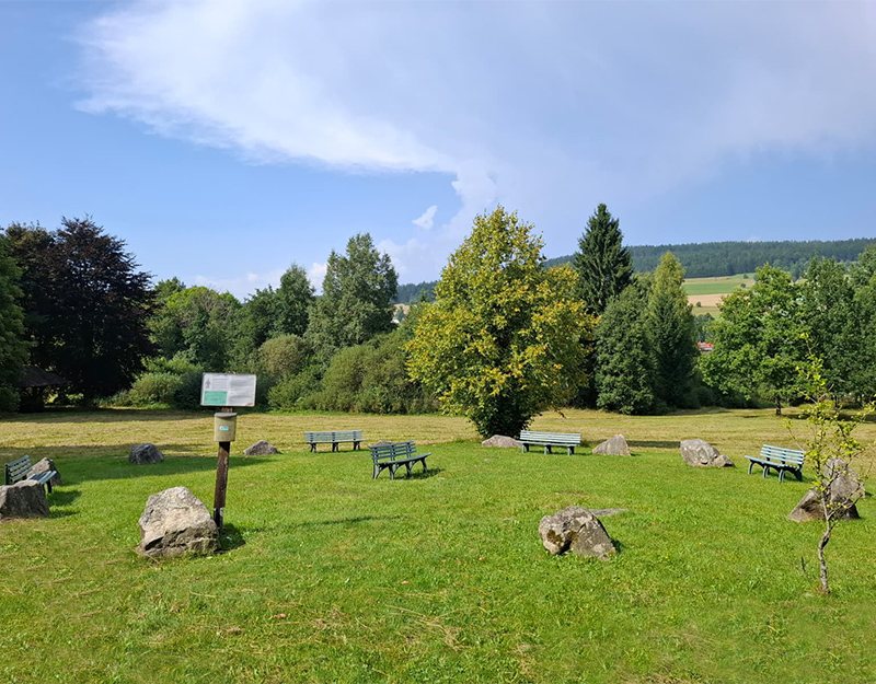 Kraftplatz mit Sitzbänken in ruhiger Naturlandschaft.