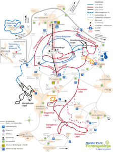 Übersichtskarte der Langlaufloipen rund um den Ochsenkopf im Fichtelgebirge mit Streckenverläufen und Einstiegen.