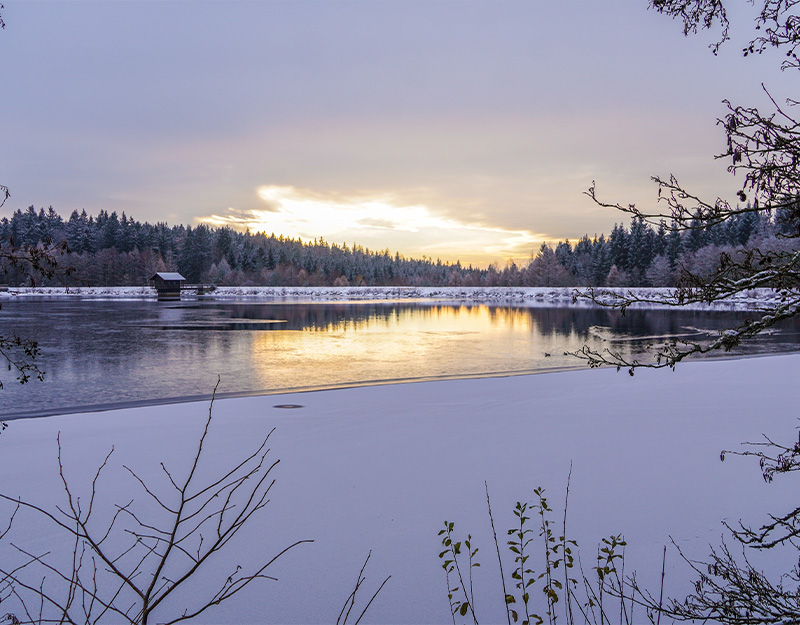 Winterlicher Fichtelsee mit verschneiter Landschaft