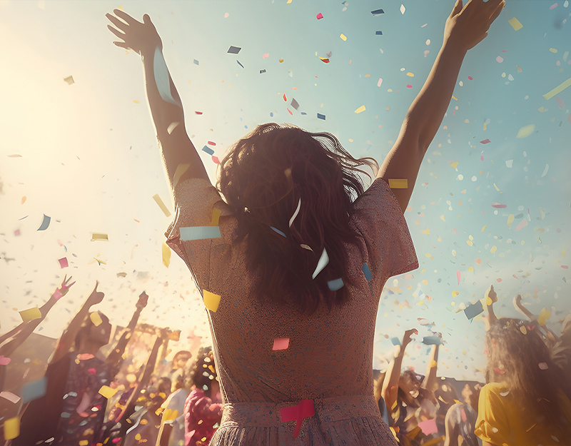 Menschen feiern bei einer Open-Air-Veranstaltung mit Konfetti.