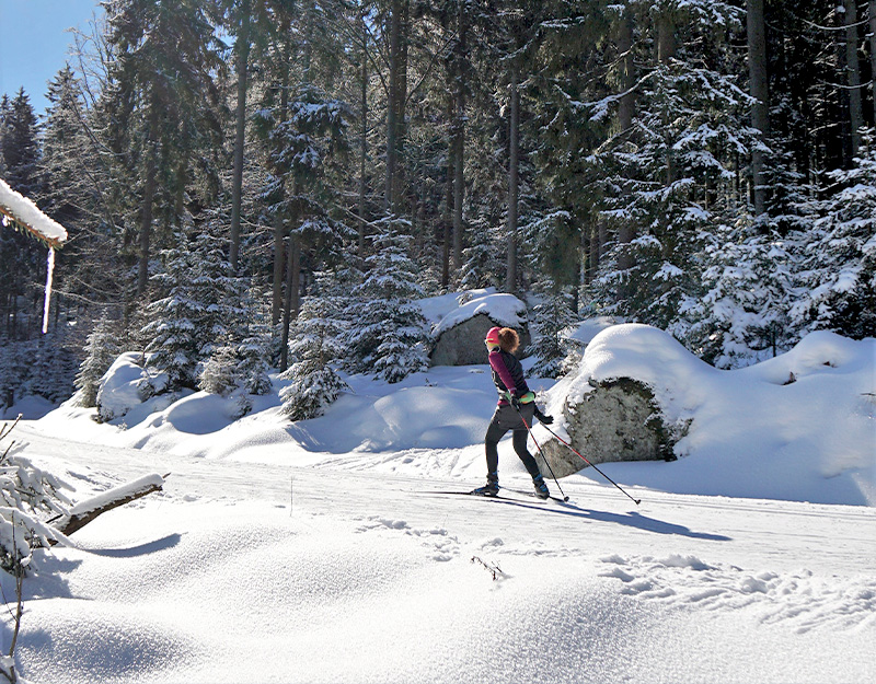 Langläufer auf Loipe im verschneiten Fichtelgebirge
