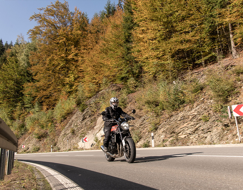 Motorradfahrer auf kurvenreicher Straße bei Warmensteinach im Herbstwald